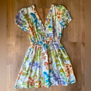 Sage The Label Floral Mini Dress V-Neck Puff Sleeve Watercolor Print Size S boho